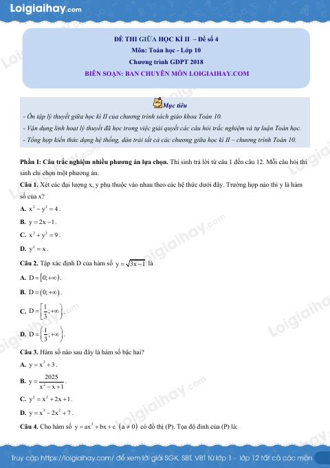 Đề thi giữa kì 2 Toán 10 - Đề số 4
